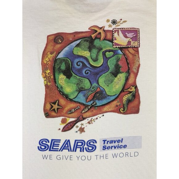 Rare Vintage 90s Sears Travel Service Promo Shirt White XL Earth Art Painting - Picture 3 of 9